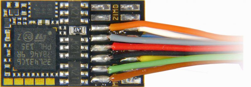 MN300R Miniatur-Nicht-Sound-Decoder – 17,6 x 10,5 x 3,1 mm – 1 A – 6 FA - 8-pol Schnittstelle NEM652 an Drähten