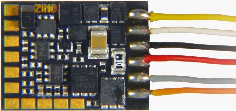MN170R Miniatur-Nicht-Sound-Decoder – 12 x 8,6 x 2,5 mm – 0,7 A – 6 FA - 8-pol Schnittstelle NEM652 an Drähten
