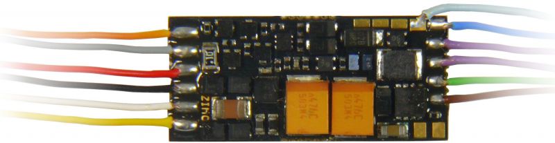 MS490R Miniatur-Sound-Decoder  -  19 x 8,6 x 2,9 mm  -  Audio 1 W  -  0,7 A  -  4 FA - 8-pol Schnittstelle NEM652 an Drähten