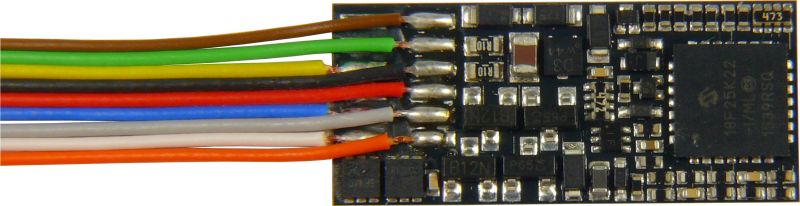 MX600R Flachdecoder - 25 x 11 x 2 mm  -  Nicht-Sound  -  0,8 A  -  4 FA - 8-pol Schnittstelle NEM652 an Drähten