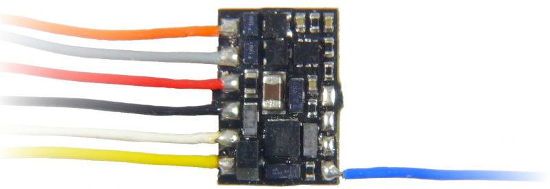 MX615R Spur-Z Subminiatur-Decoder - 8,2 x 5,8  x 2mm  -  Nicht-Sound  -  0,5A - 8-pol Schnittstelle NEM652 an Drähten