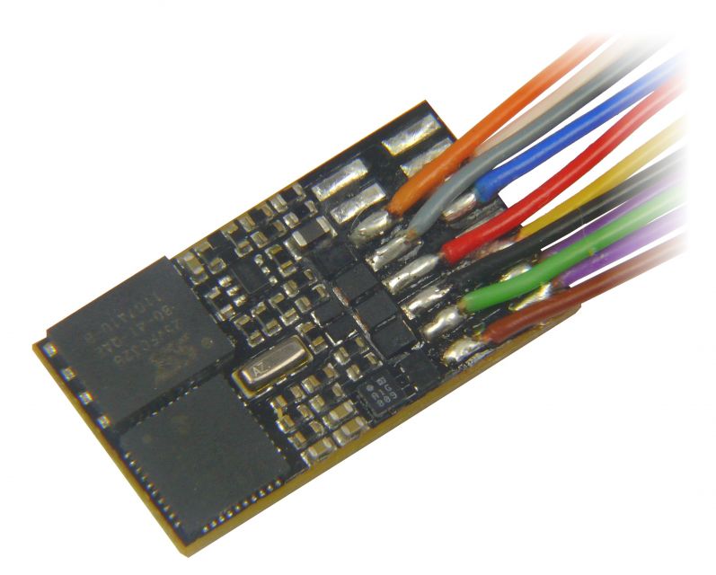 MX648R Miniatur Sound-Decoder - 20 x 11 x 4 mm - 0,8 A - 1 W Audio, 8-pol Schnittstelle NEM652 an Drähten